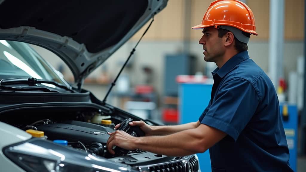 Un épaviste professionnel en tenue de travail inspecte le moteur d