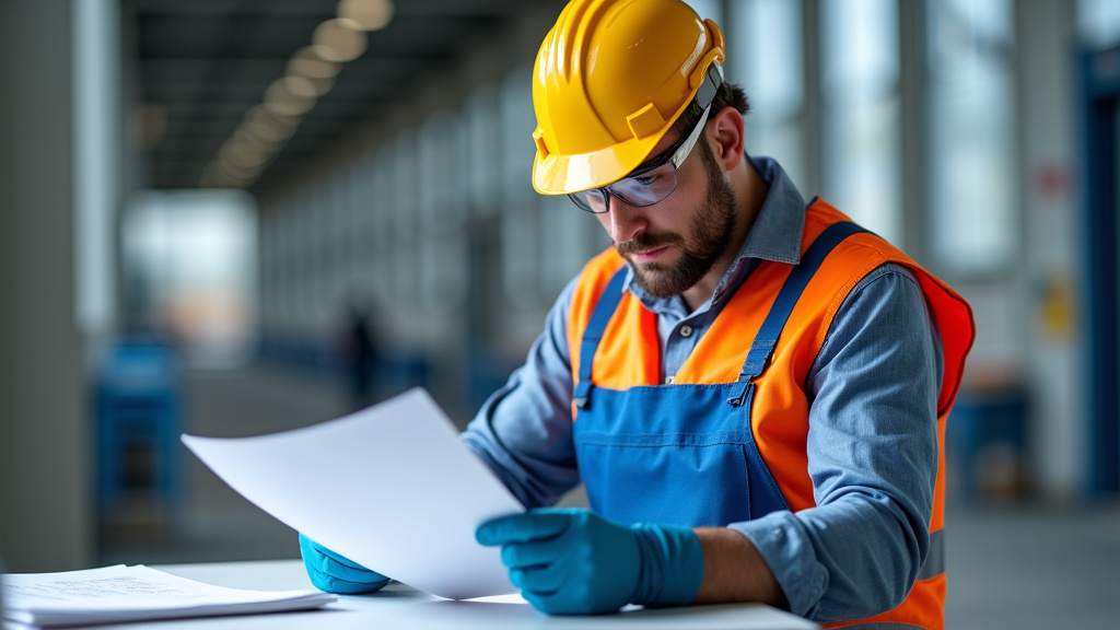Un épaviste professionnel en tenue de travail, lunettes de sécurité et gants, remplissant des documents sur un bloc-notes à côté d