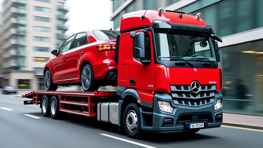 Un épaviste professionnel en train de charger une épave de voiture rouge sur un camion de remorquage. La scène se déroule en milieu urbain.