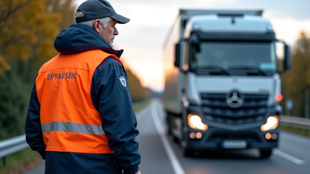 Un épaviste professionnel en train de sécuriser un véhicule sur son camion de remorquage, portant un gilet de sécurité, illustrant le sérieux du service.