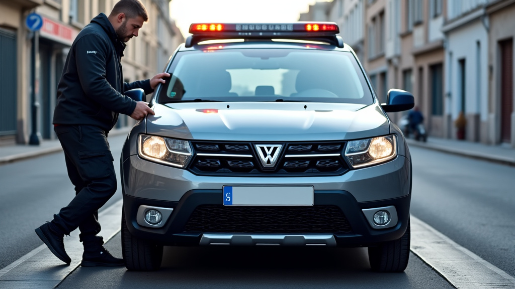 Un épaviste professionnel en train de sécuriser une épave de voiture sur la plateforme d