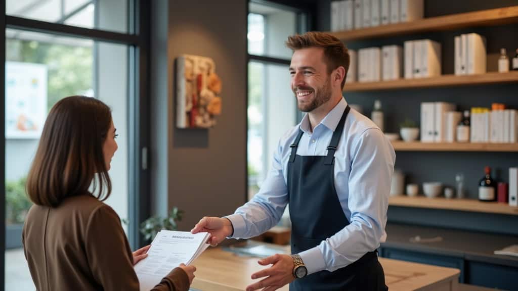 Un épaviste professionnel, portant une tenue de travail, remet des documents officiels à un client souriant, symbolisant la finalisation de l