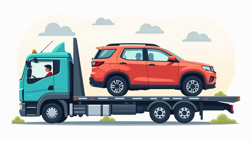 Un épaviste professionnel soulevant une voiture épave sur le plateau de son camion de remorquage, illustrant un service d