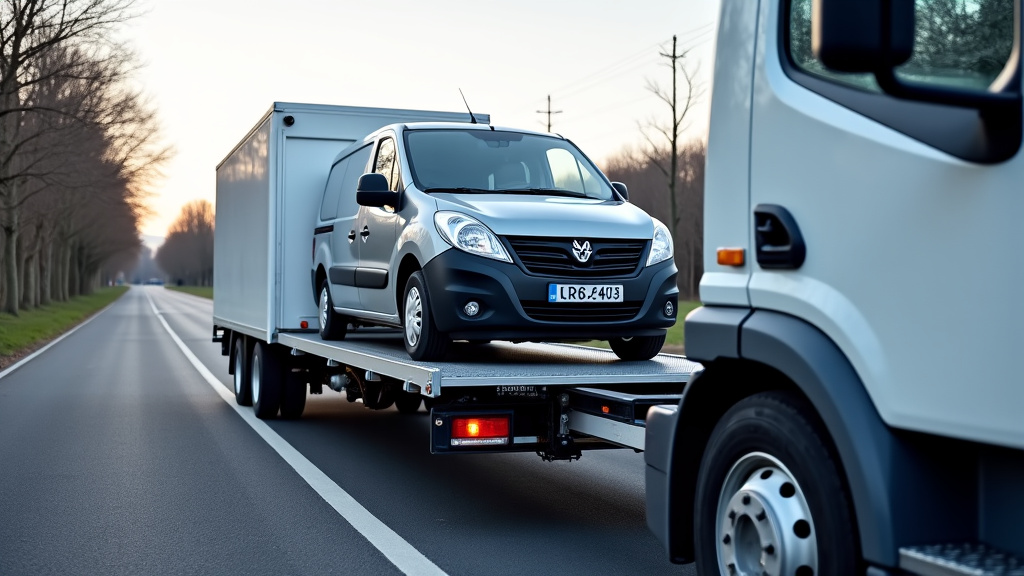 Un épaviste professionnel utilise un camion-plateau pour charger une voiture endommagée, soulignant l