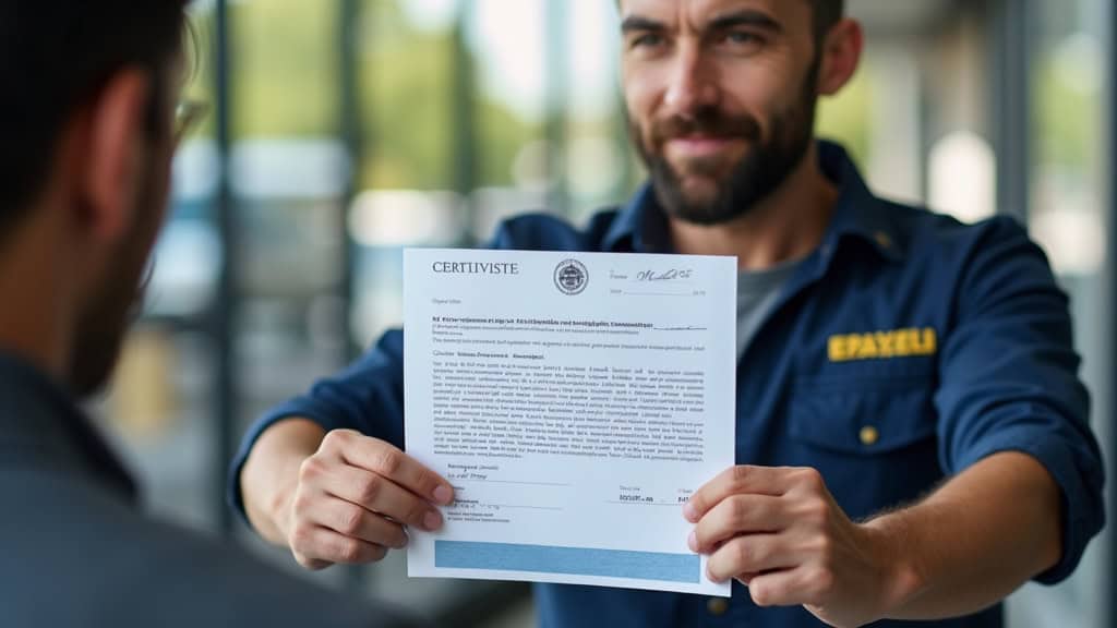 Photo d'un agent d'épaviste Nord remettant un certificat de dépollution.