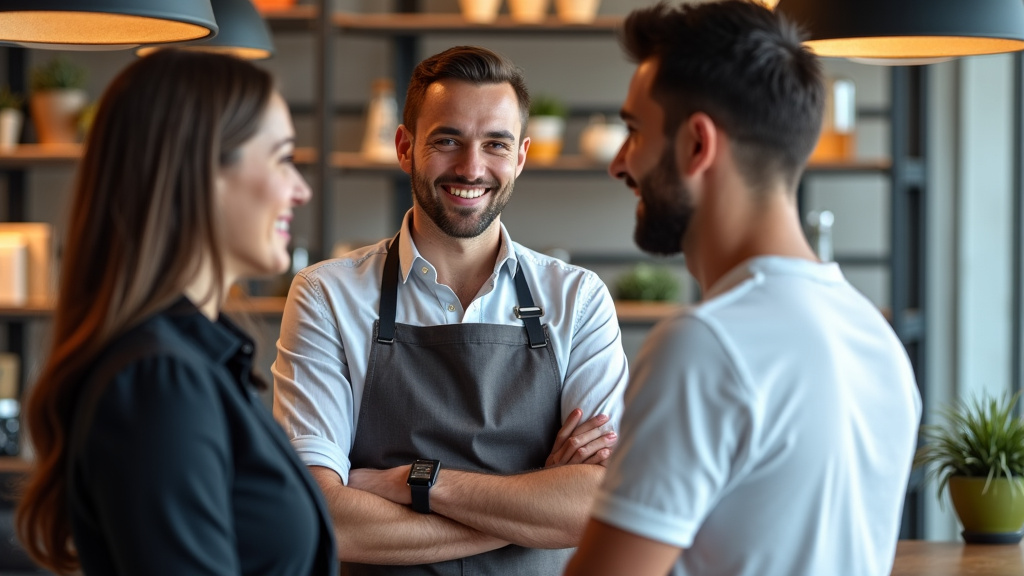 Un épaviste souriant en conversation avec un couple de clients, symbolisant un service professionnel et rassurant pour l