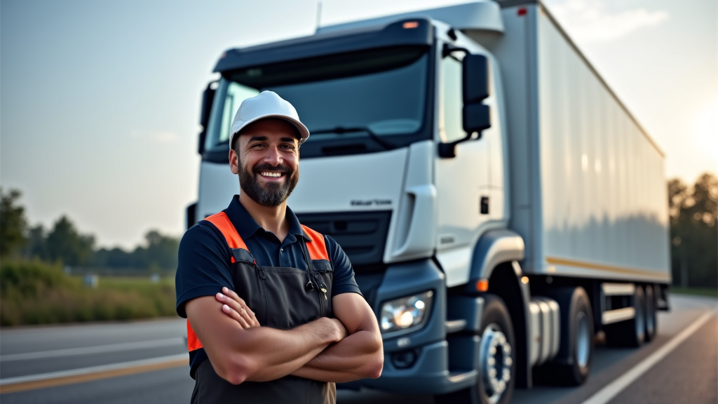 Un épaviste souriant en tenue de travail, debout à côté de son camion de remorquage moderne, avec une épave partiellement visible à l