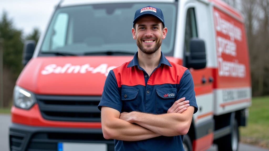 Un épaviste souriant en tenue de travail devant son camion de dépannage, symbolisant un service professionnel et amical à Saint-Algis.