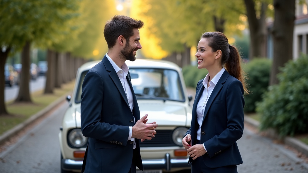 Un épaviste souriant en tenue de travail discutant avec un client devant une vieille voiture garée dans une allée, symbolisant le service personnalisé.