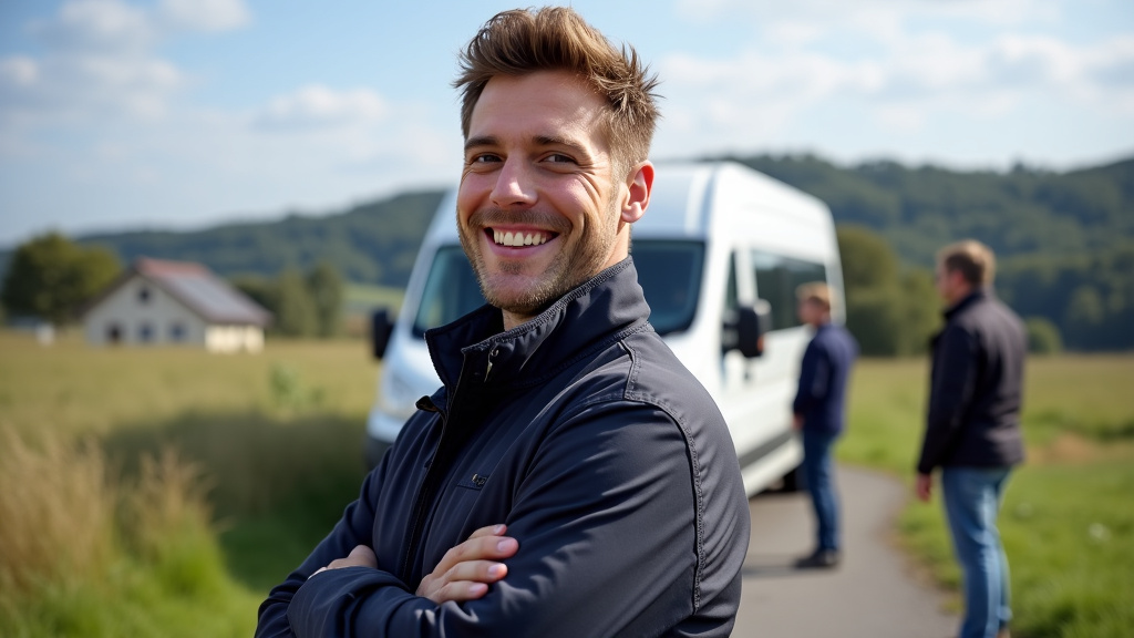 Un épaviste souriant en train de sécuriser une épave de voiture pour la remorquer, avec le village de Prouvais en arrière-plan sous un ciel dégagé. L