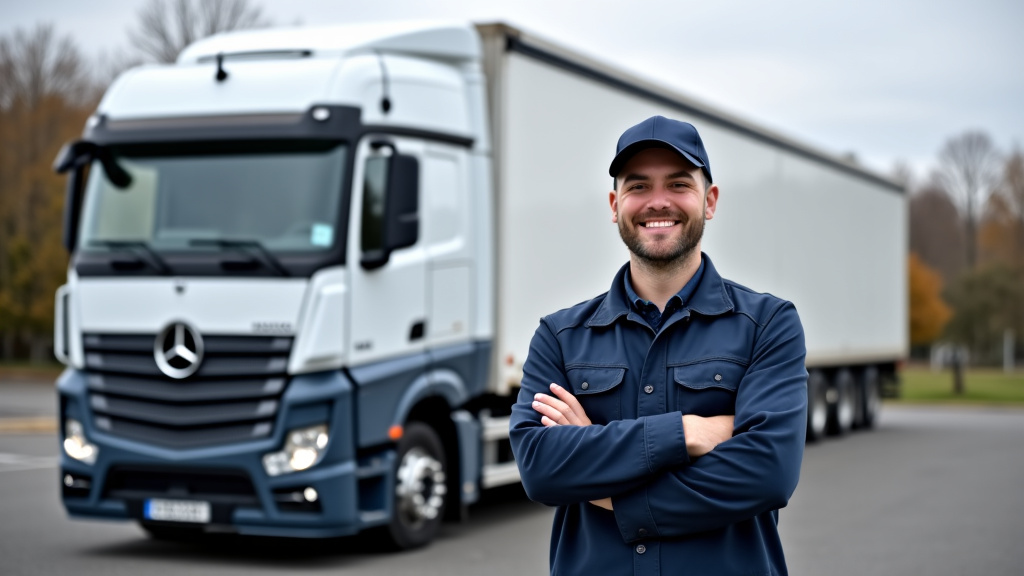 Un épaviste souriant en uniforme de travail, debout devant un camion de remorquage propre, avec un paysage urbain du Nord de la France en arrière-plan, symbolisant le service professionnel.