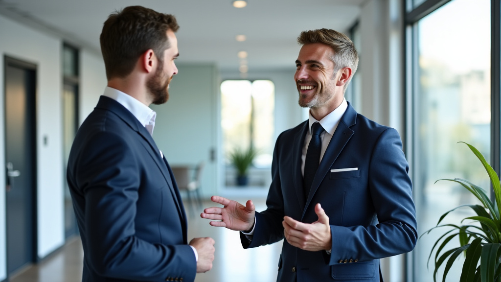 Un épaviste souriant en uniforme de travail discutant avec un client satisfait à côté d