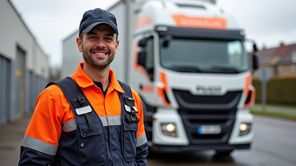 Un épaviste souriant et professionnel dans sa tenue de travail, posant devant son véhicule de remorquage, prêt à intervenir à Chambry.