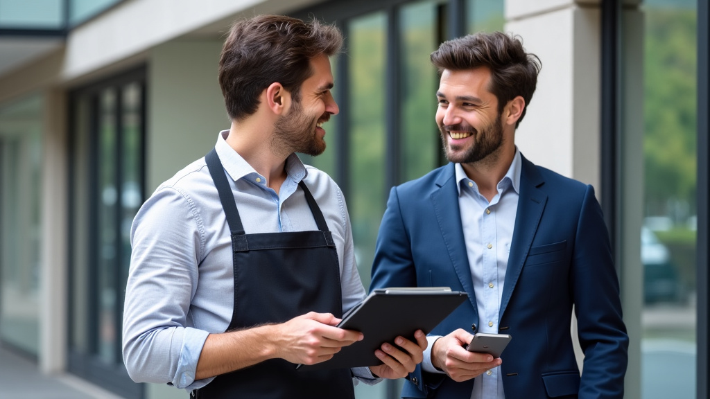 Un épaviste souriant, portant une salopette de travail, discute avec un client à côté d