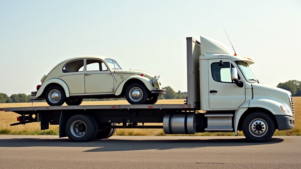 Un épaviste utilisant un camion de remorquage pour charger une voiture ancienne endommagée sur sa plateforme, dans un environnement rural et dégagé.