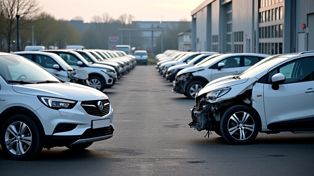 Un grand site de recyclage de véhicules montrant plusieurs voitures en attente de démantèlement, avec des équipements spécialisés pour la dépollution en arrière-plan.