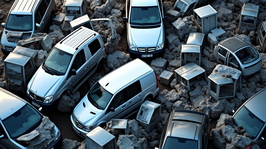 Un gros plan sur des pièces automobiles métalliques et en plastique triées dans des conteneurs, illustrant le processus de recyclage détaillé effectué par les épavistes.