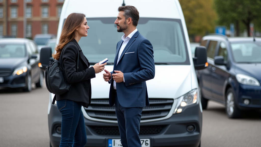 Un homme et une femme discutent avec un épaviste devant une épave de voiture, illustrant l