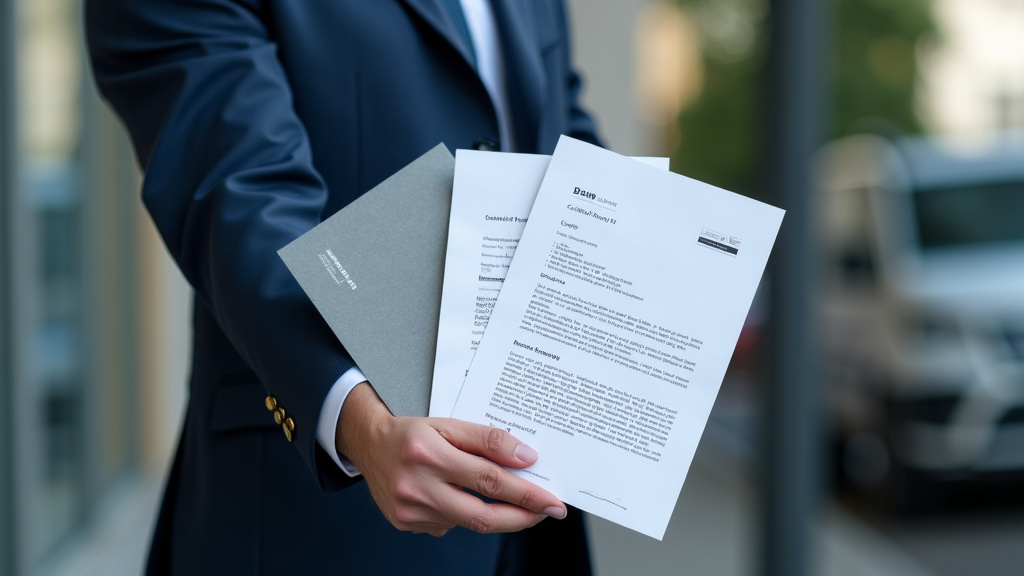 Un homme présente une liasse de documents officiels, dont une carte grise et un certificat de non-gage, sur le capot d