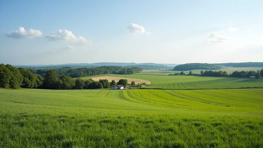 Un paysage rural paisible de Rozières-sur-Crise avec des champs verdoyants et quelques habitations, symbolisant la zone d
