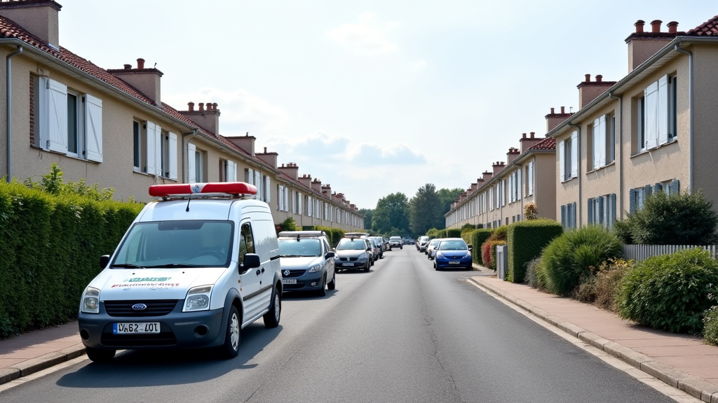 Un paysage urbain de Bray-Dunes avec des maisons et quelques véhicules stationnés, montrant un environnement résidentiel typique du Nord où un épaviste pourrait intervenir.