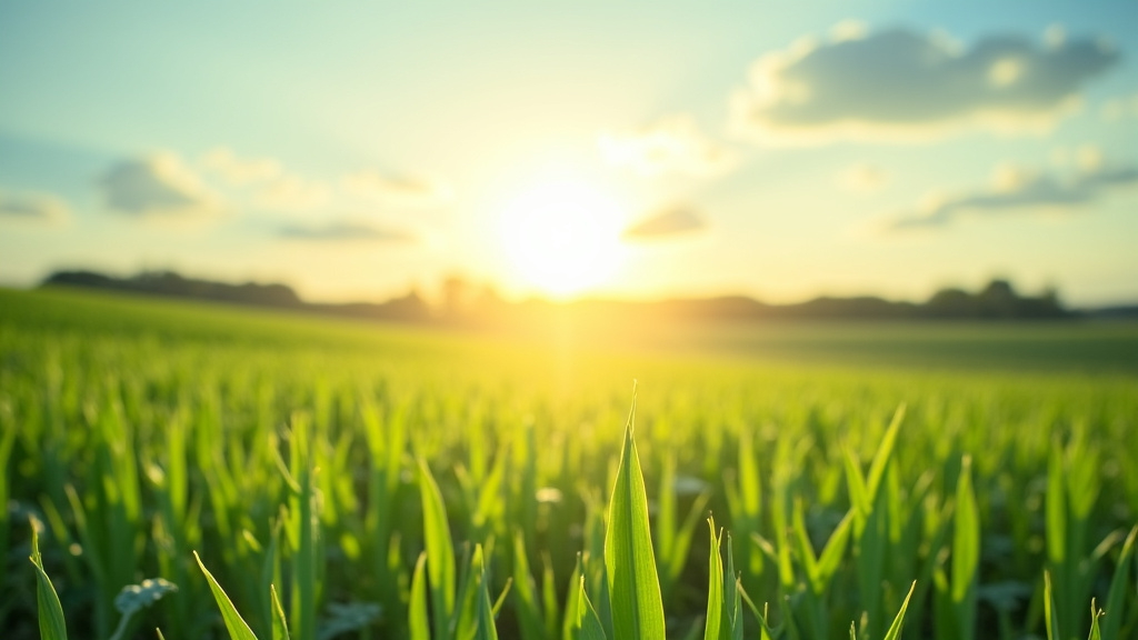 Un paysage verdoyant et propre avec un soleil doux, symbolisant la protection de l