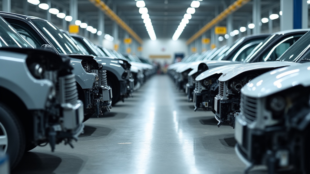 Un plan de travail dans un centre de recyclage VHU, montrant des pièces automobiles triées, des métaux et des composants électroniques, illustrant le processus de valorisation des matériaux.