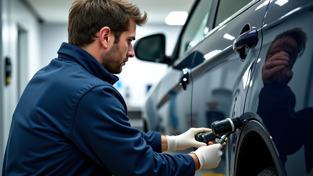 Un professionnel agréé en train de dépolluer une épave automobile dans un centre de traitement VHU, avec des équipements de protection et de récupération des fluides.