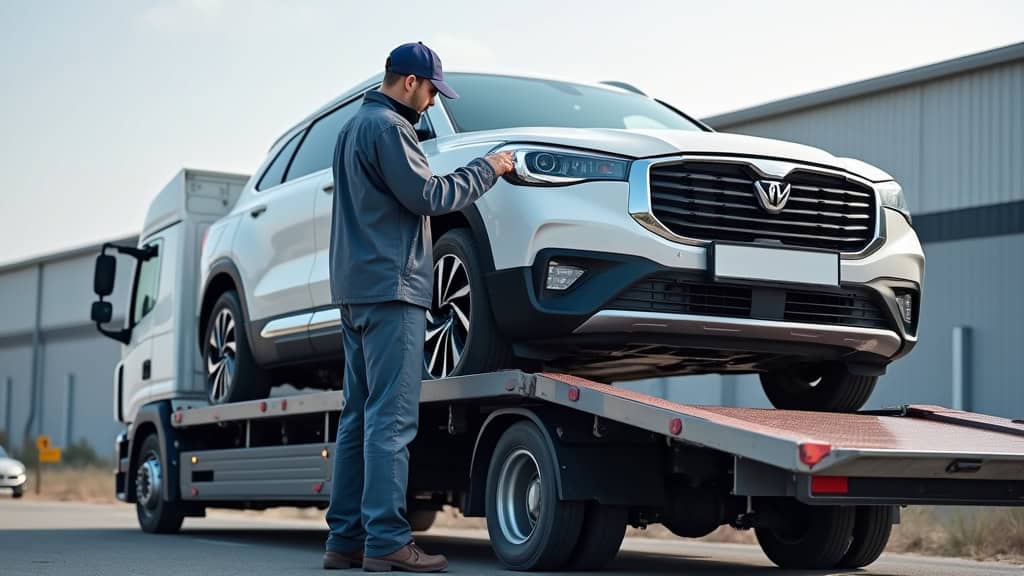 Ouvrier d'épaviste inspectant un véhicule à bord d’un camion de dépannage automobile.