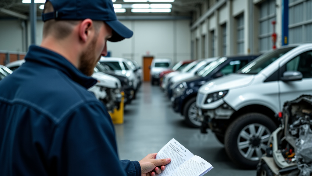 Un professionnel inspecte des pièces de voiture triées dans un centre de recyclage, avec d