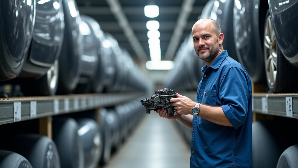 Un professionnel manipule des pièces automobiles recyclées dans un centre de traitement VHU, illustrant le processus de revalorisation et de dépollution des véhicules.