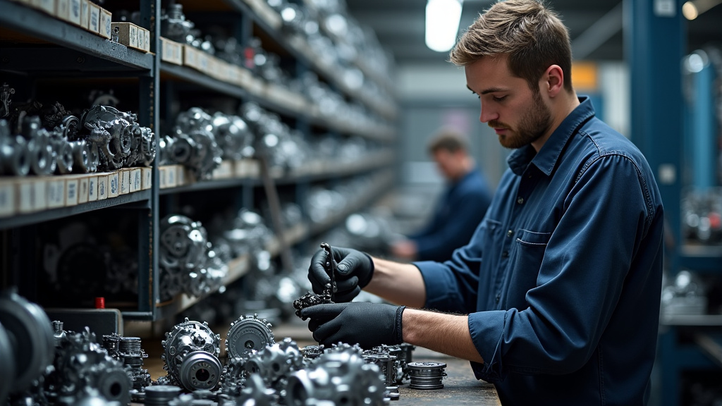 Un professionnel manipule des pièces de moteur dans un atelier de recyclage automobile, avec des étagères remplies de composants triés en arrière-plan.