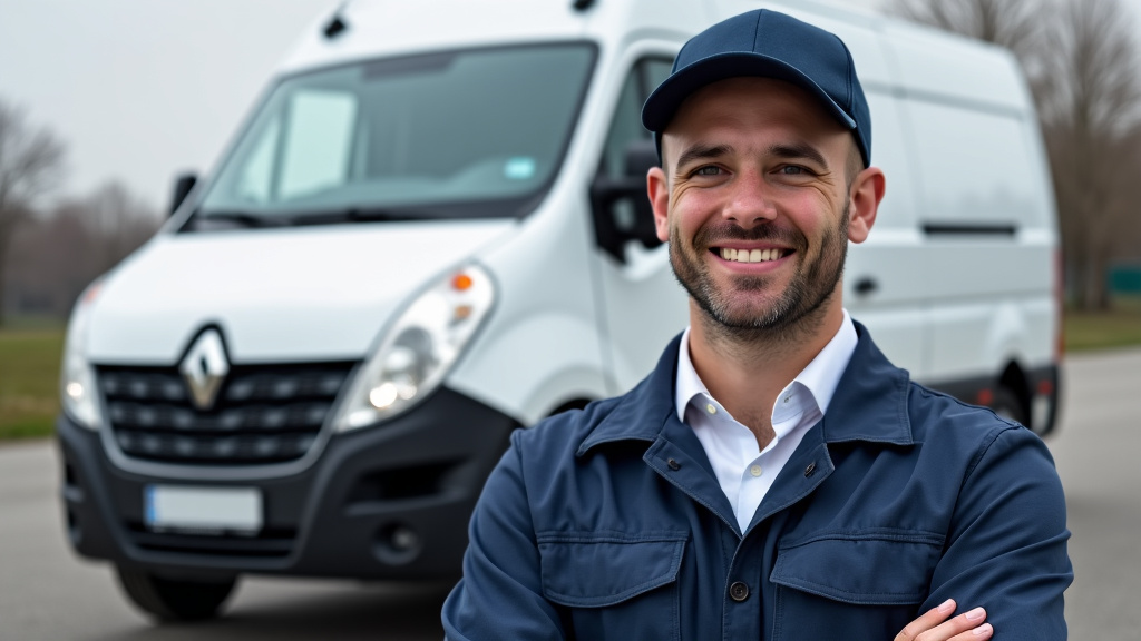 Un professionnel souriant en tenue de travail devant un camion de dépannage, symbolisant l
