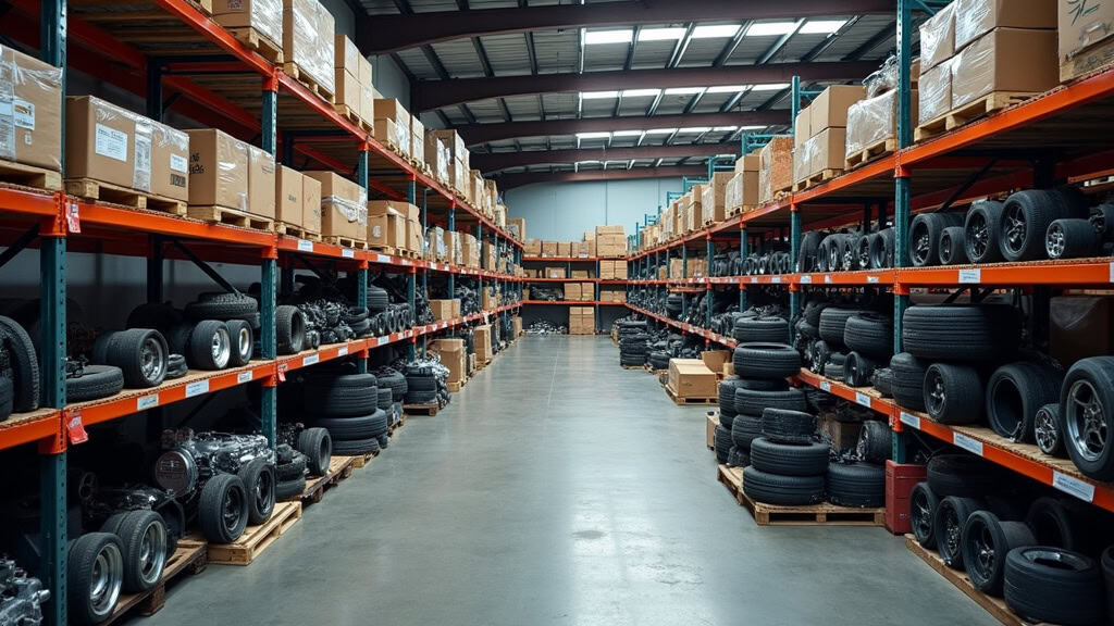 Pneus d'occasion en stock dans un entrepôt de recyclage automobile.