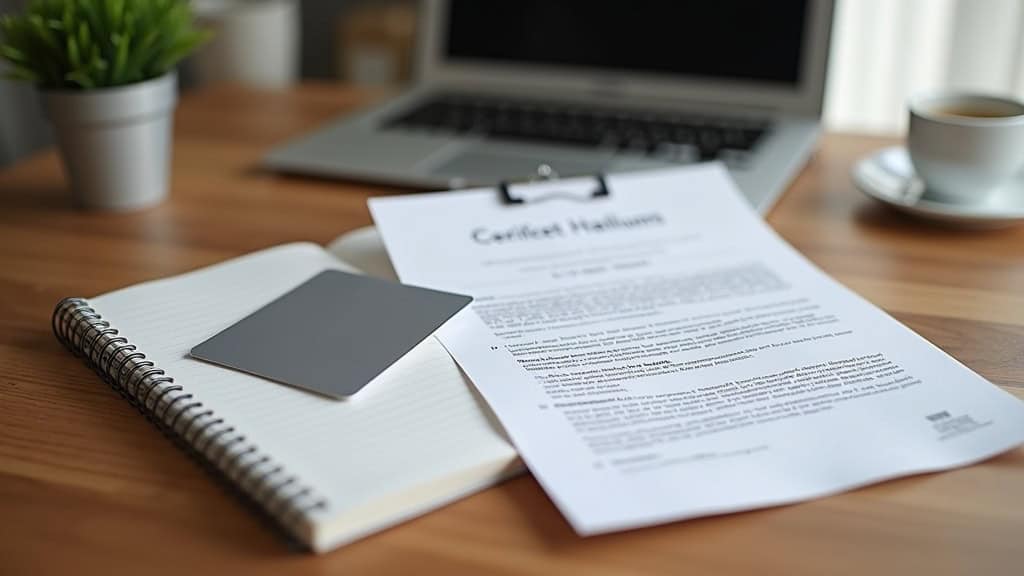 Image d'une clé USB, carnet de notes, contrat, ordinateur portable et tasse, illustrant gestion déchets et recyclage.