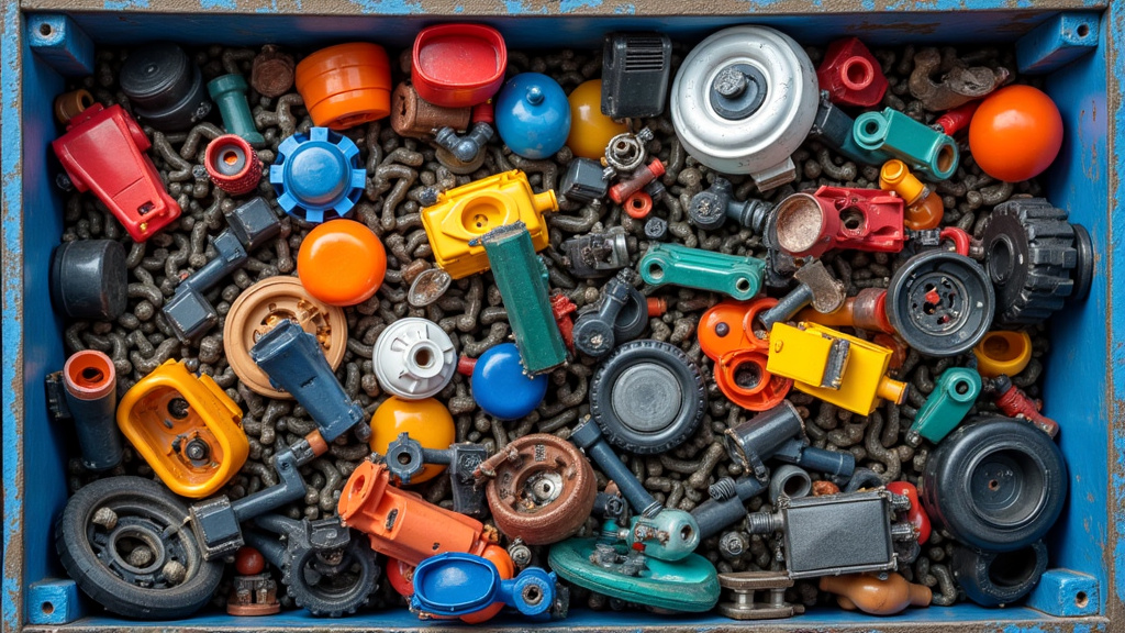 Un tas de pièces automobiles colorées et triées, comme des plastiques, des métaux et des pneus, illustrant le processus de recyclage des VHU.