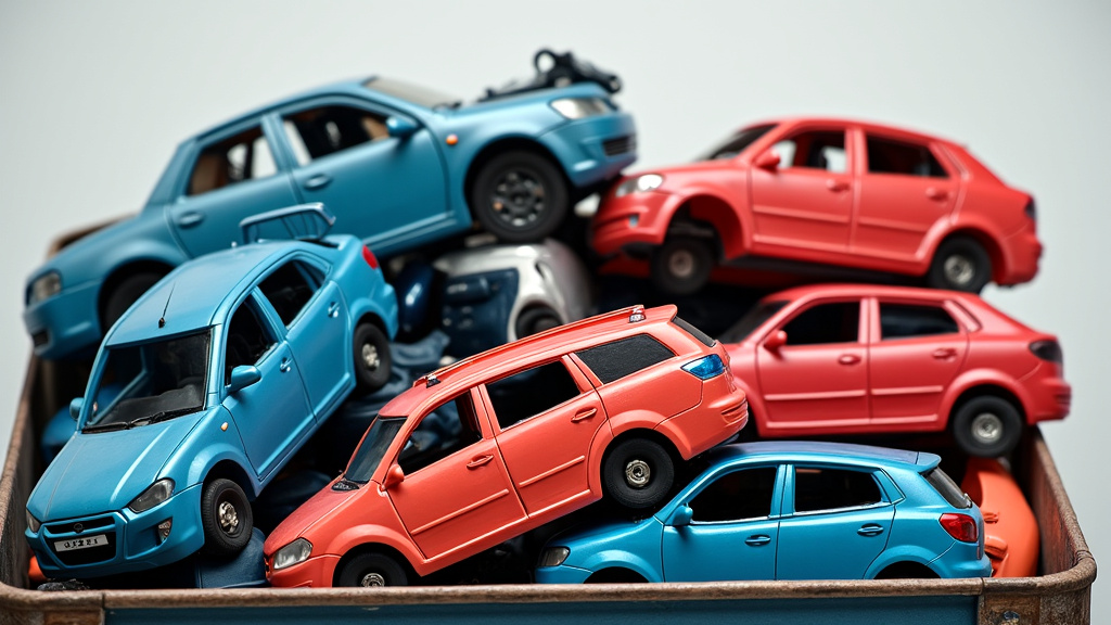 Un tas de pièces automobiles colorées et triées, prêtes pour le recyclage, avec un symbole de recyclage en arrière-plan, illustrant l