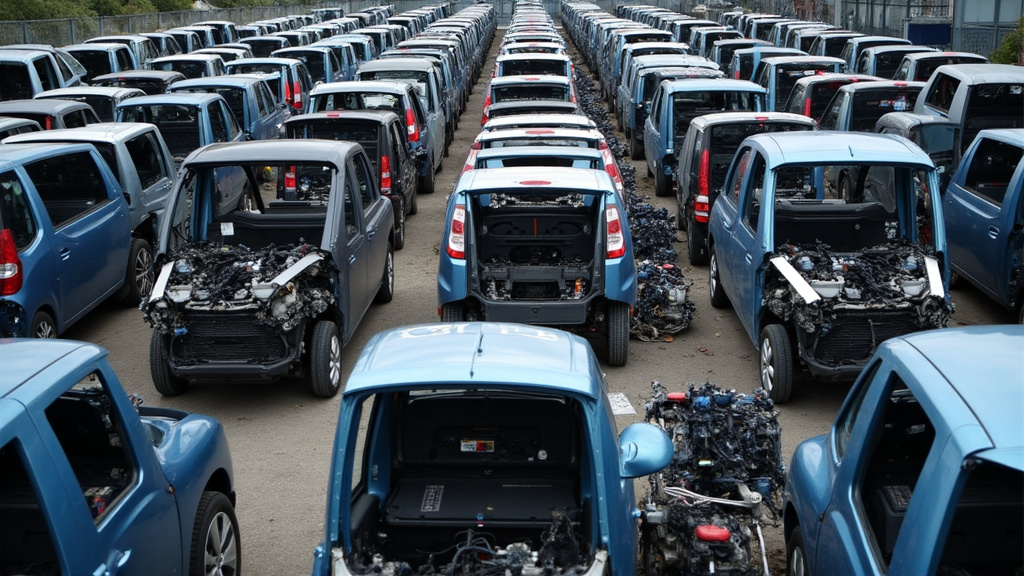 Un tas de pièces automobiles démontées, telles que des moteurs et des jantes, triées dans un centre de recyclage VHU, montrant l