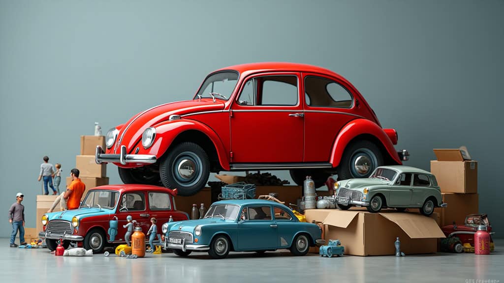 Alt : Miniatures de voitures anciennes avec pièces et figurines, évoquant une collection ou un service de dépanneur.