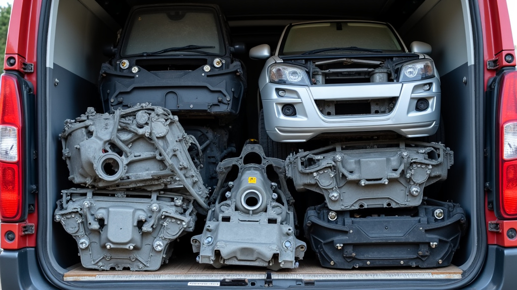 Un tas de pièces automobiles triées et nettoyées, comme des blocs moteurs, des tôles et des jantes, prêtes à être acheminées vers les usines de recyclage pour une seconde vie. L