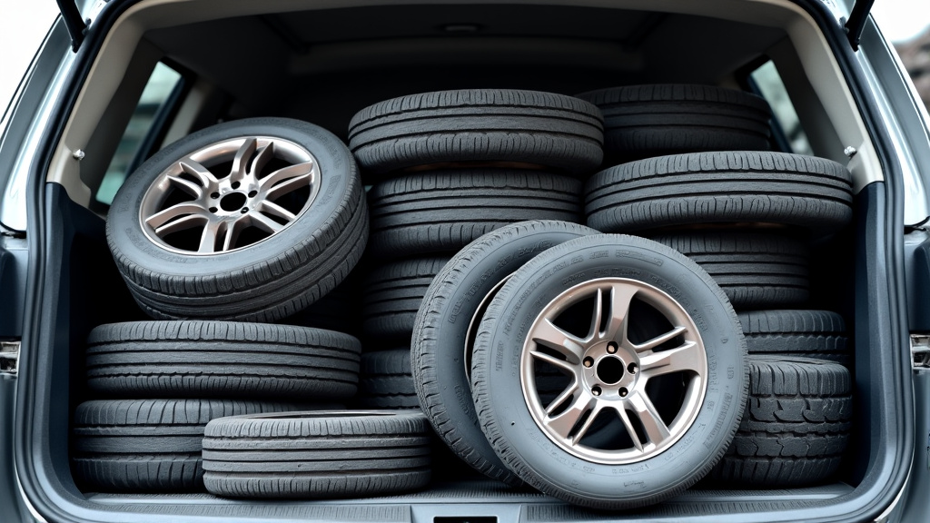 Un tas de pièces automobiles triées et prêtes au recyclage, incluant des pneus, des jantes et des éléments métalliques, dans une démarche écologique.