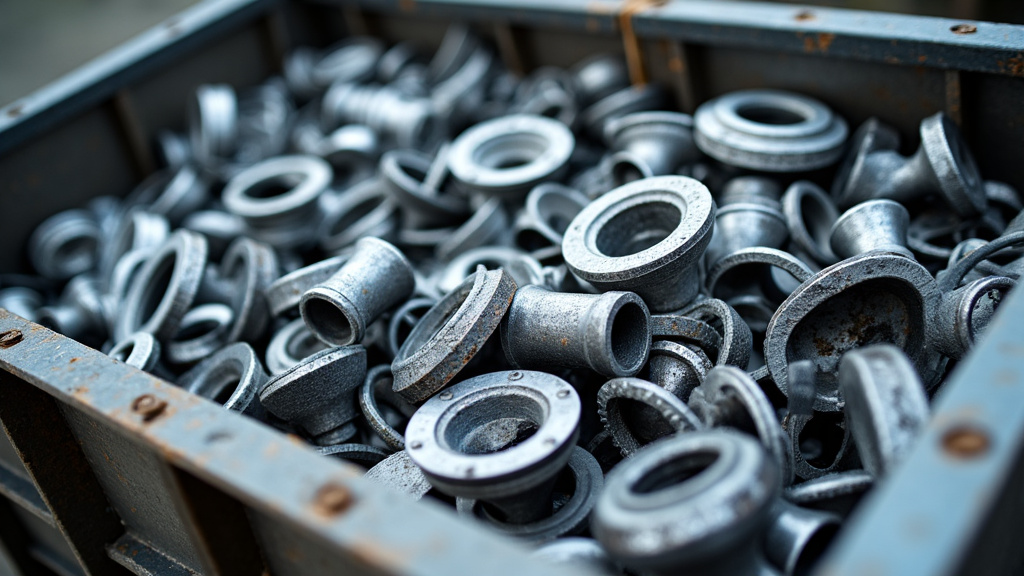 Un tas de pièces métalliques broyées provenant de véhicules automobiles, en cours de traitement dans une usine de recyclage. L