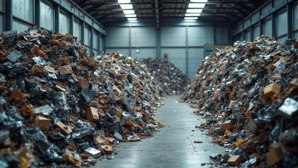 Un tas de pièces métalliques de voitures recyclées dans un centre de traitement VHU, avec un focus sur la récupération des matériaux.