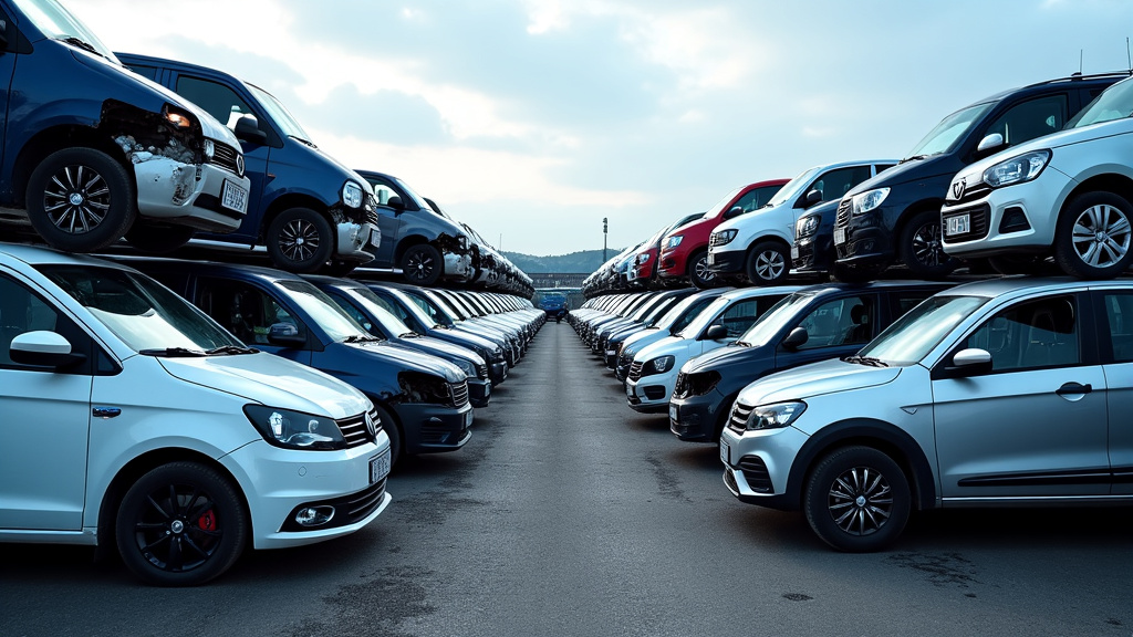 Un tas impressionnant de carcasses de voitures compactées dans un centre de recyclage VHU, sous un ciel légèrement nuageux, symbolisant l