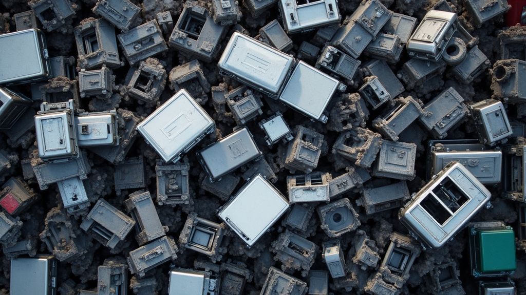 Un tas impressionnant de pièces détachées de véhicules, triées pour le recyclage, avec un bras mécanique en arrière-plan suggérant le processus de démantèlement.