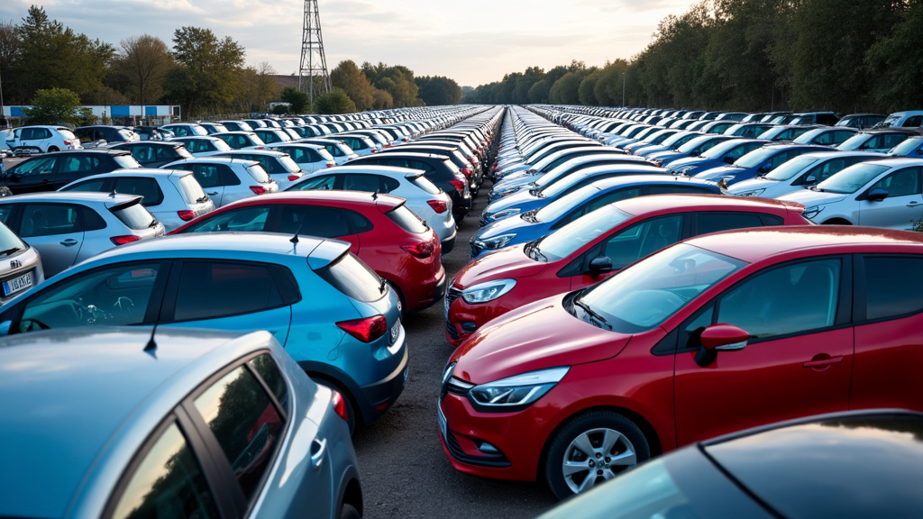 Un tas impressionnant de voitures compactées et triées par couleur ou type de métal dans un centre de recyclage, sous un ciel légèrement couvert.