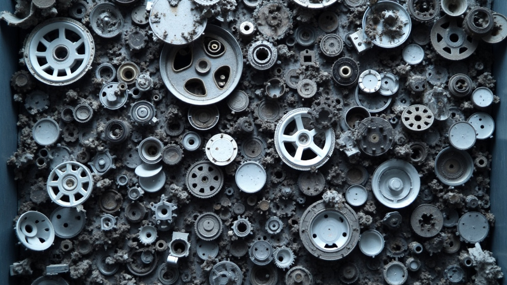 Un tas organisé de pièces automobiles recyclées comme des jantes, des blocs moteurs et des portières, dans un centre de traitement VHU. L