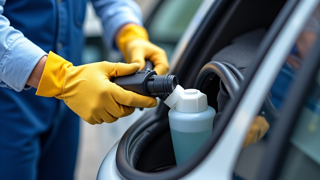 Un technicien en gants de protection retire un réservoir de fluide d