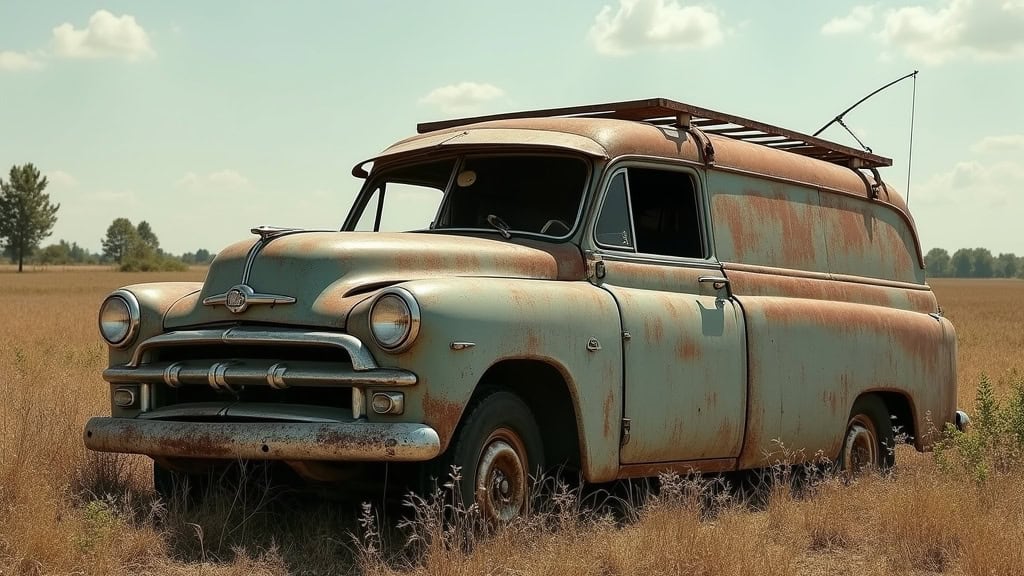 Un véhicule ancien et endommagé abandonné dans un champ, symbolisant le besoin d