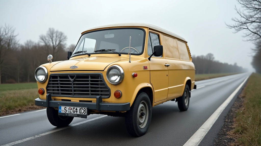 Un vieux véhicule rouillé mais complet stationné en bord de route, symbolisant un enlèvement d